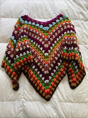 Handmade Multicolor Crochet Poncho Sweater - Vibrant Chevron Knit